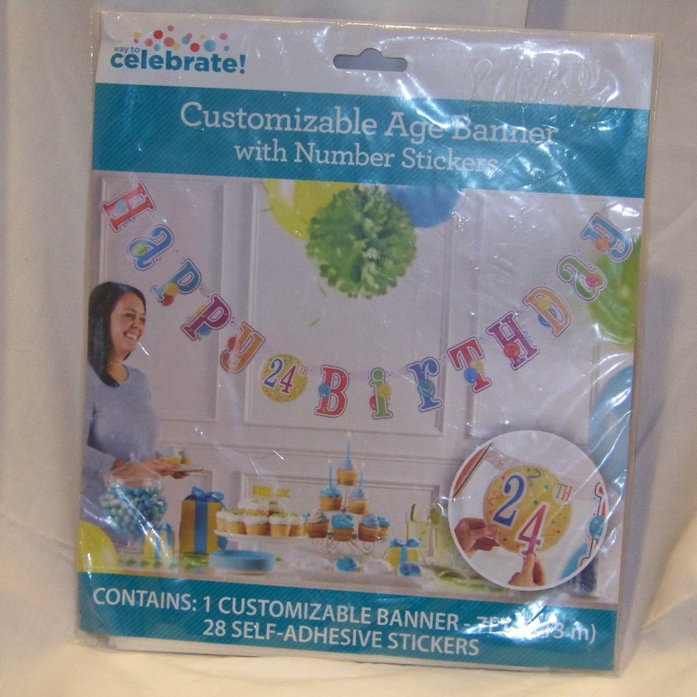 "Happy Birthday" Party Banner Customizable Age Banner with Number Stickers 7FT